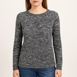 Lands’ End Drifter Cable Knit Fisherman Sweater Black & White Marled Size Medium